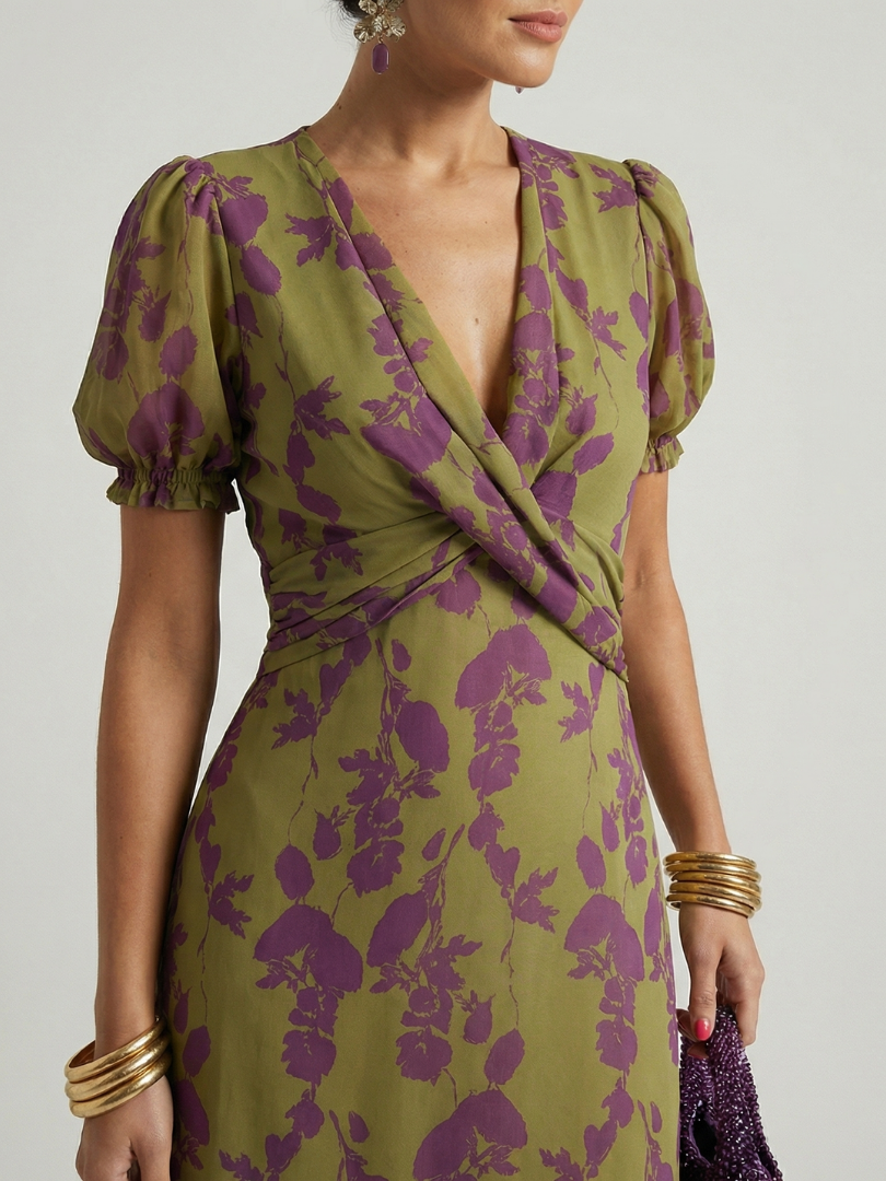 Floral Midi Dress with Wrap Bodice and Short Sleeves