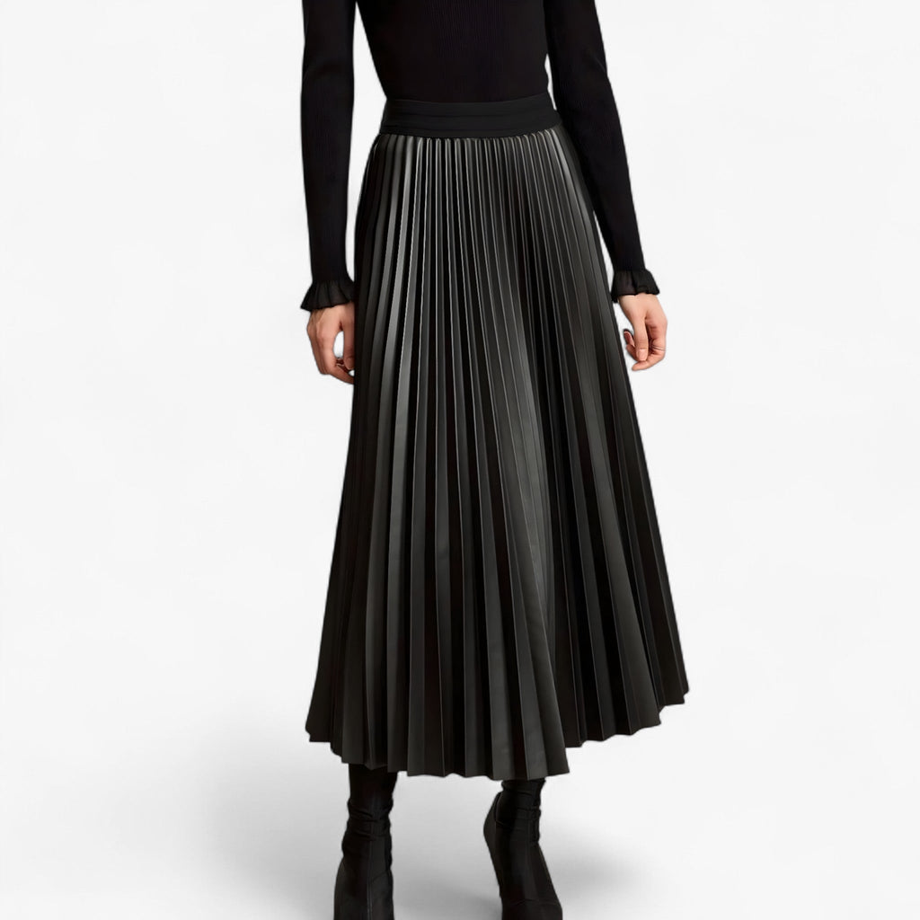 Pleated Eco-Leather Skirt with Elastic Waist for Day to Night