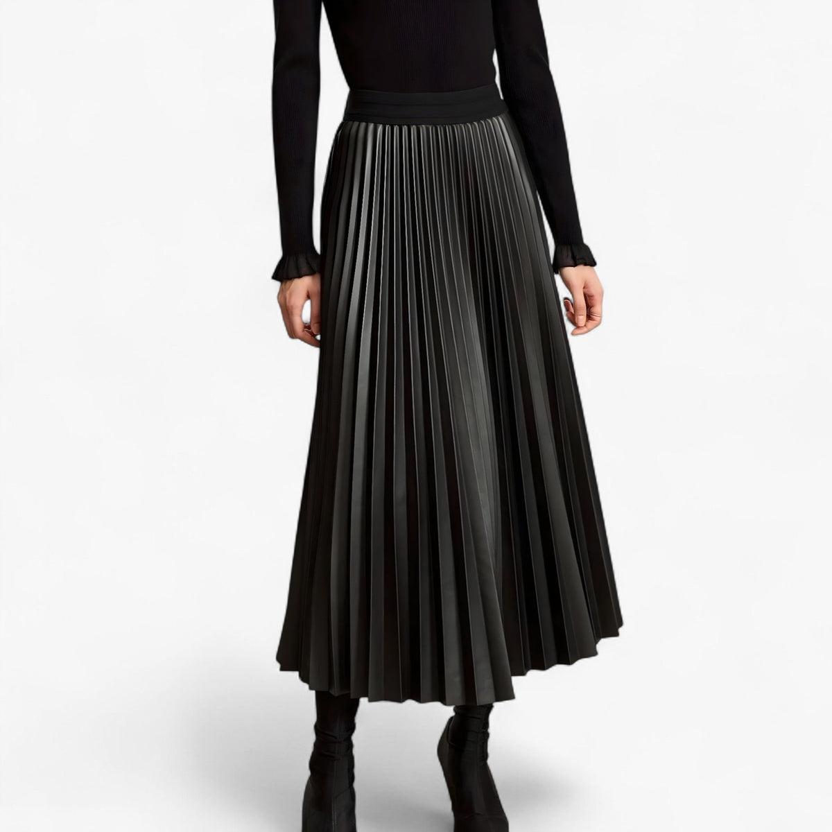 Pleated Eco-Leather Skirt with Elastic Waist for Day to Night