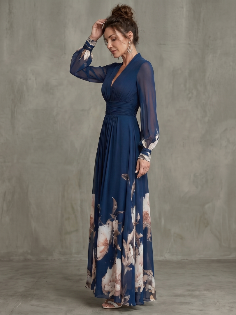 Pleated Maxi Dress with Sheer Sleeves and Ruched Bodice