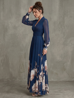 Pleated Maxi Dress with Sheer Sleeves and Ruched Bodice