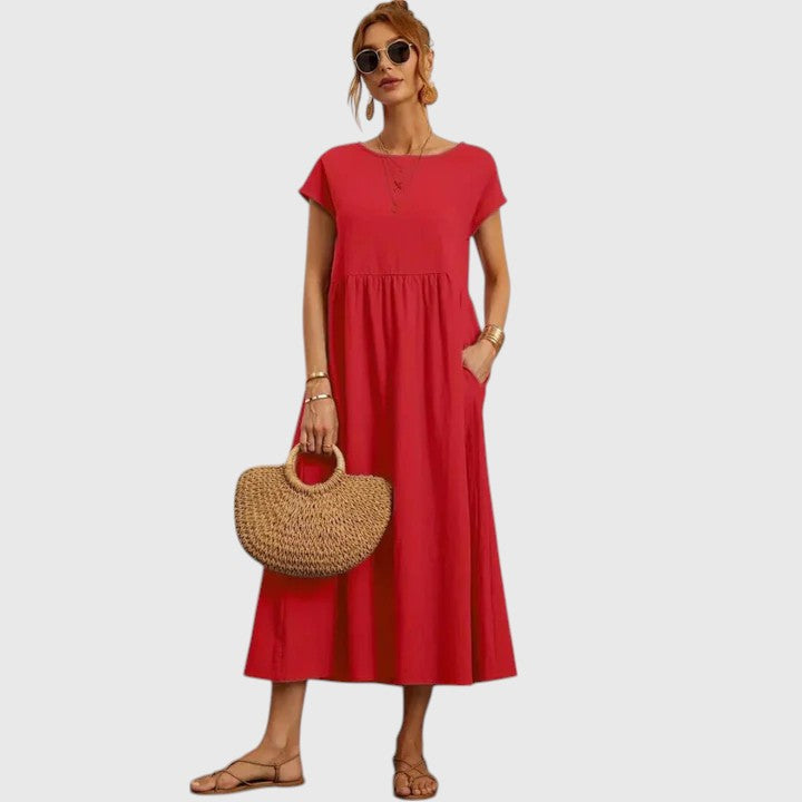 Casual Midi Dress with Short Sleeves and Pockets