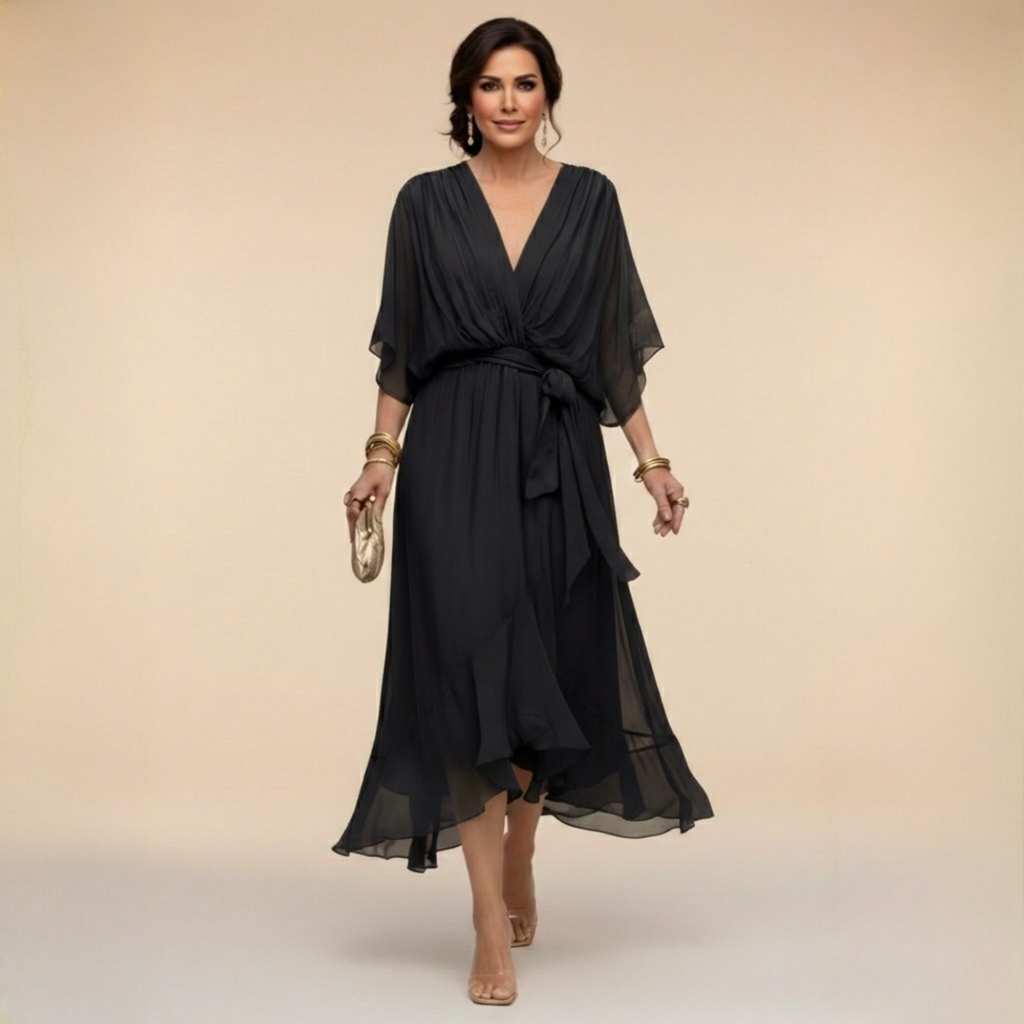 Flowing V-neck dress with soft draping detail