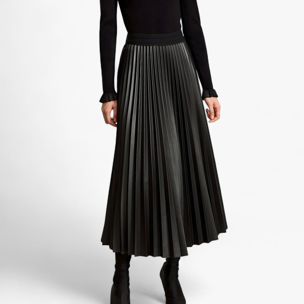 Pleated Eco-Leather Skirt with Elastic Waist for Day to Night