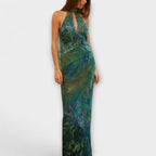 Vestido largo de gasa con estampado de lirios y escote alto