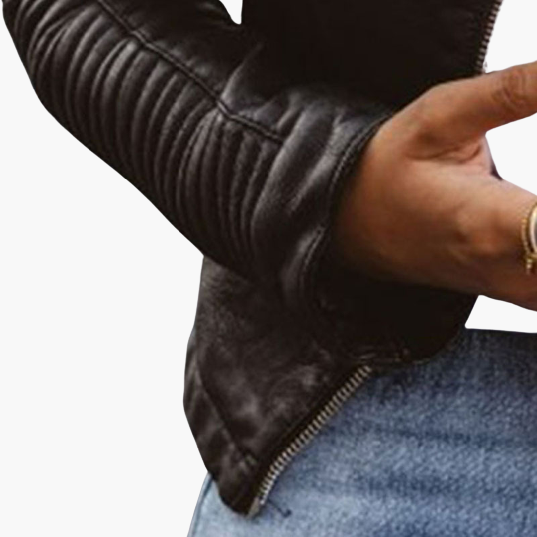 Leather Look Jacket with Defined Seams and Notched Neckline