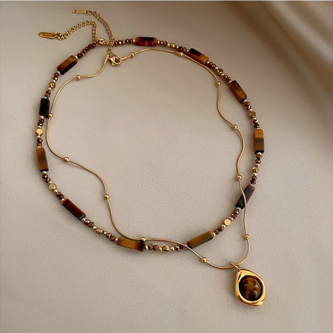 Golden-Brown Banded Stone Pendant Necklace with Warm Earthy Tones