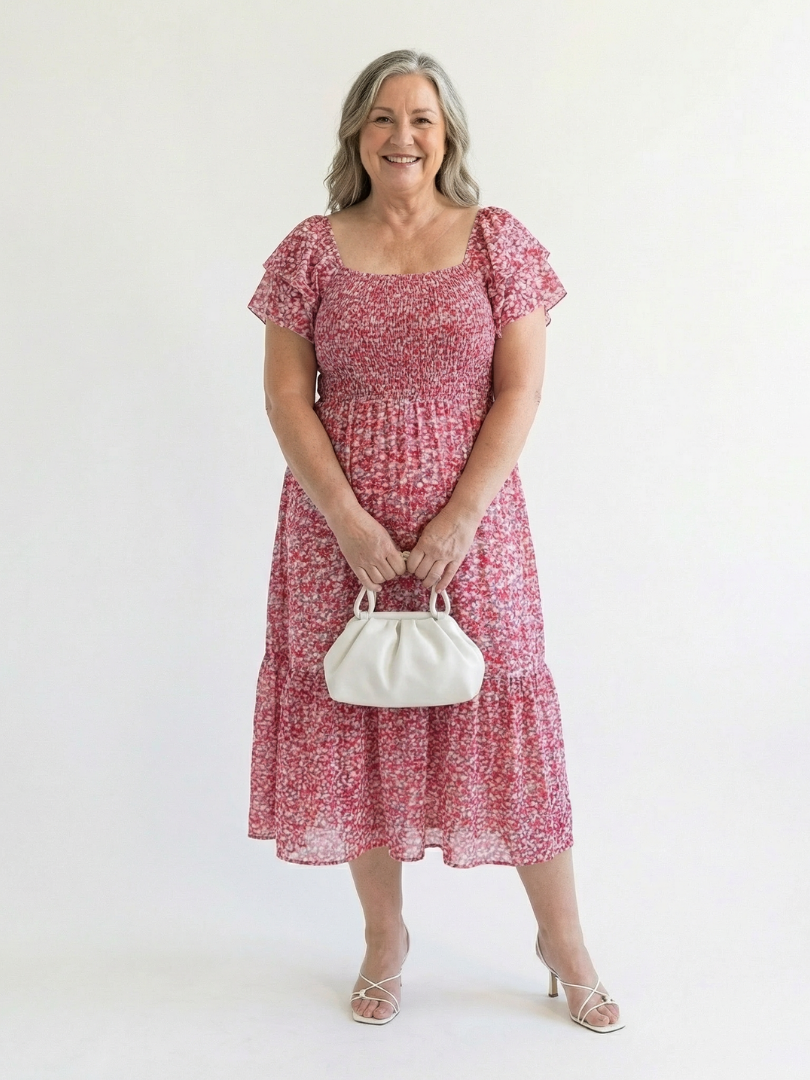 Off shoulder-midiklänning med blommönster och smockat liv