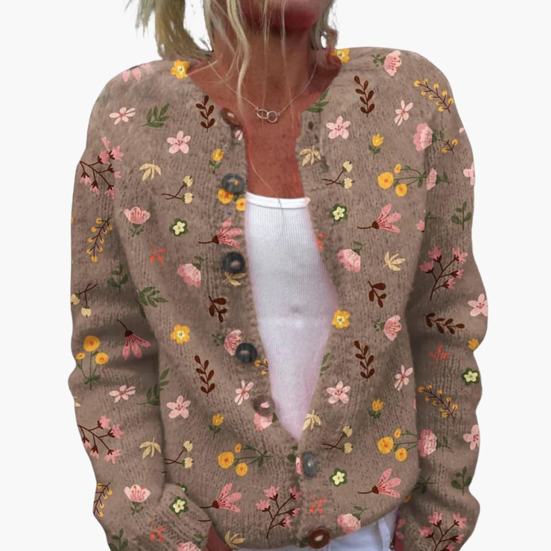 Floral Knit Cardigan with Button Up Front and Ribbed Hem
