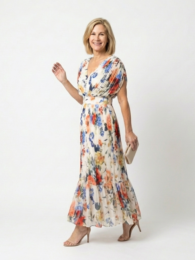 Vestido midi floral plisado con escote de pico