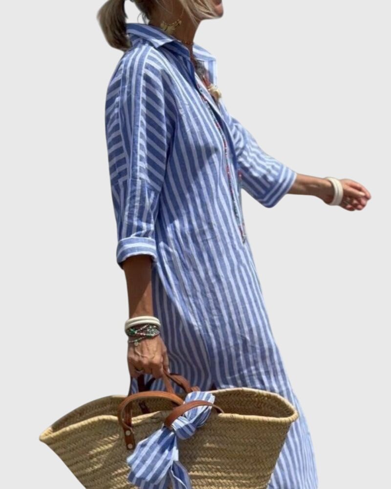 Striped Dress with Flowing Cut and Pockets