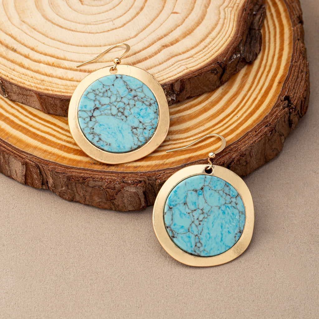 Vintage Bohemian Round Blue-Green Stone Earrings with Earthy Tone