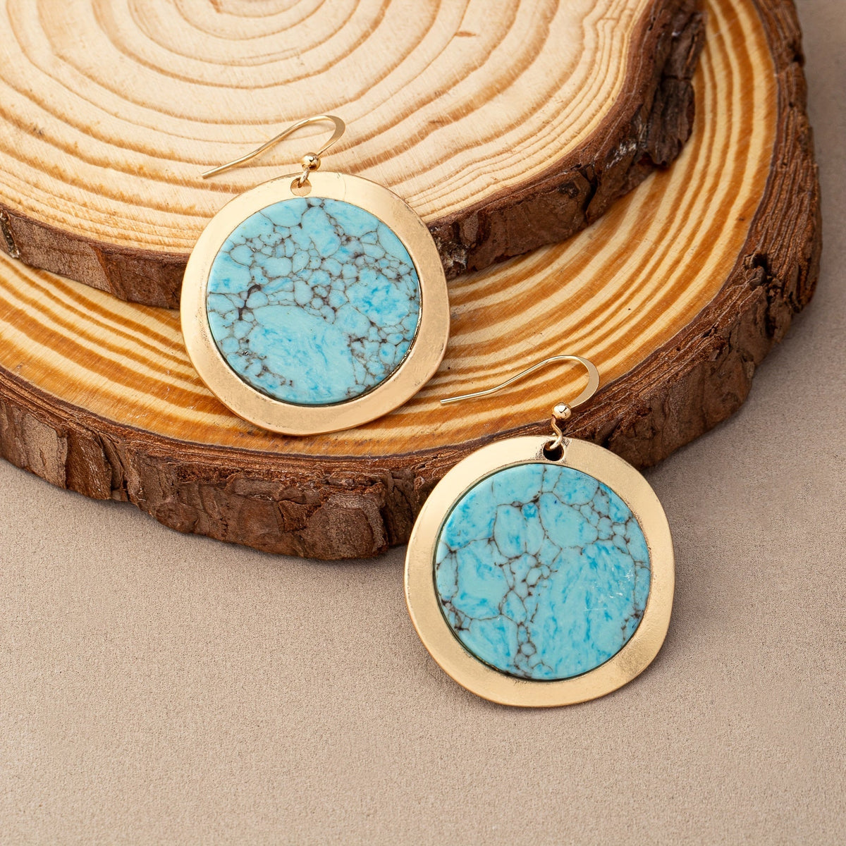 Vintage Bohemian Round Blue-Green Stone Earrings with Earthy Tone