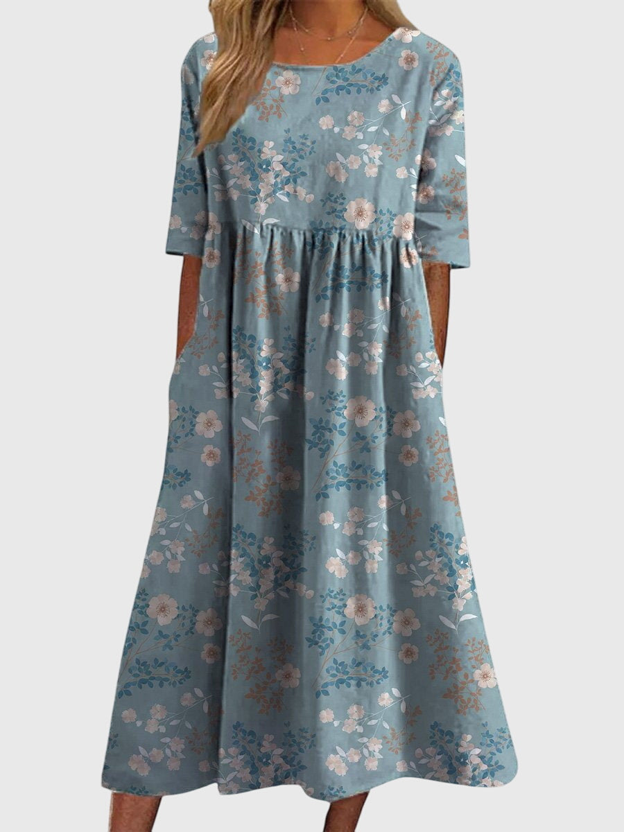 Flowing Dress with Ruched Detail and Embroidery