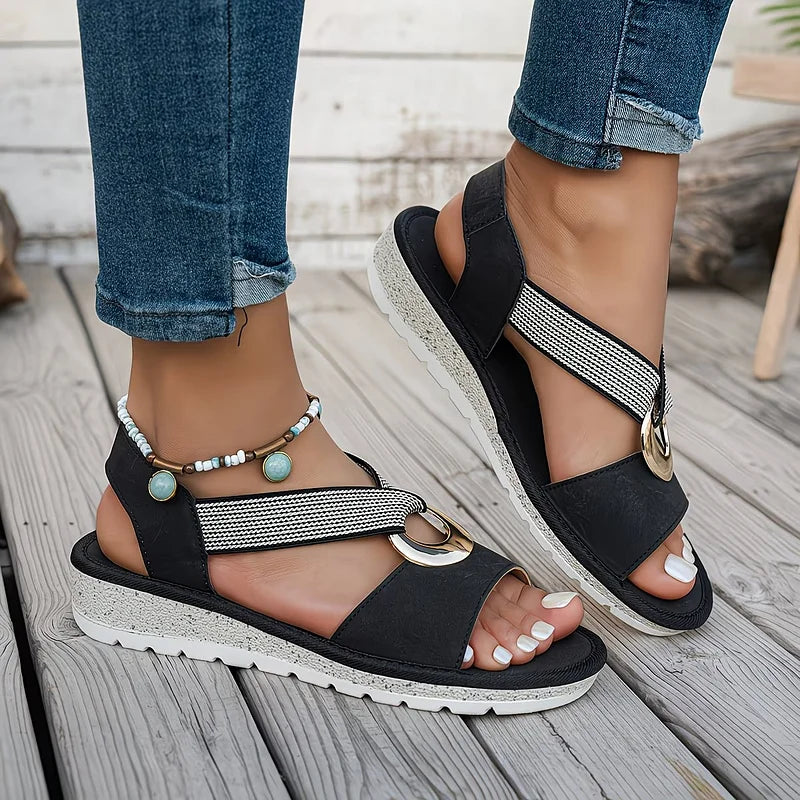 Flat Sandals with Metal Buckle and Cushioned Sole