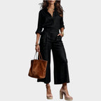 Linen Blend Two Piece Set with High Waisted Wide Leg Trousers