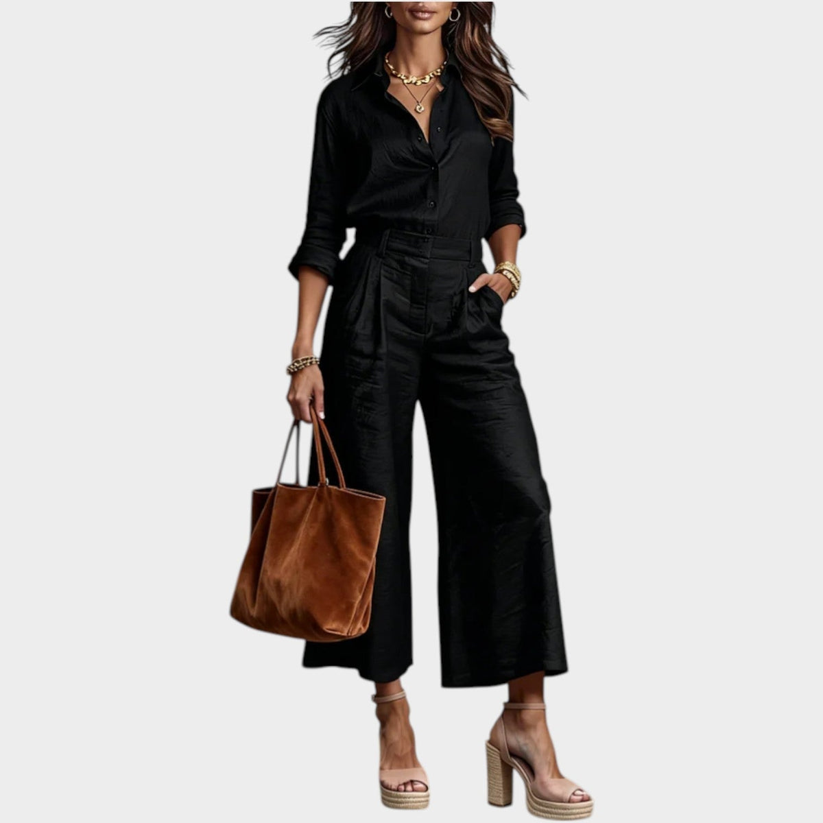 Linen Blend Two Piece Set with High Waisted Wide Leg Trousers