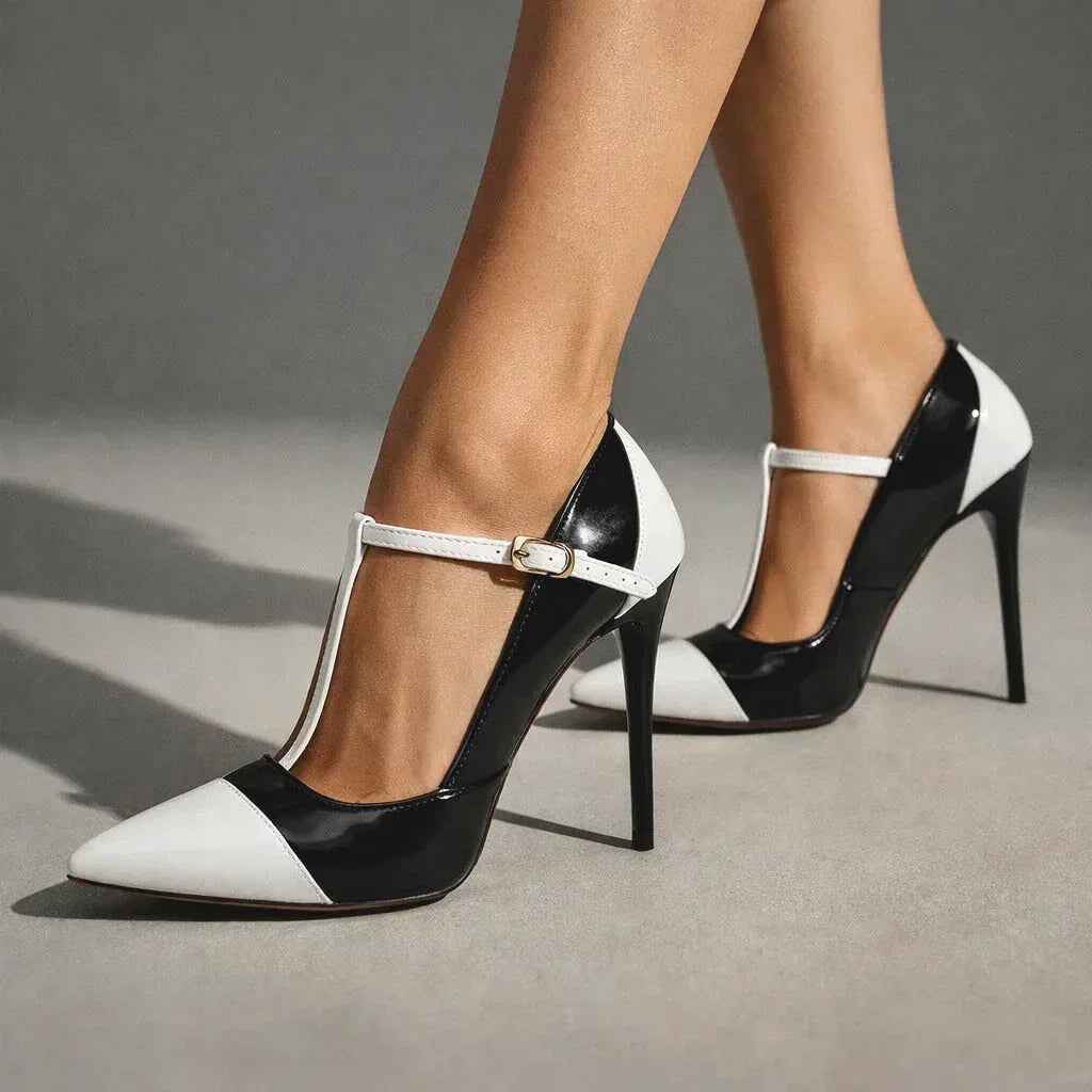 Patent Finish T-Strap Heels with Two Tone Design