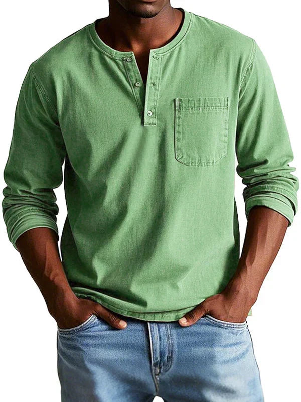Men's Long-Sleeve Henley Shirt with Button Neckline
