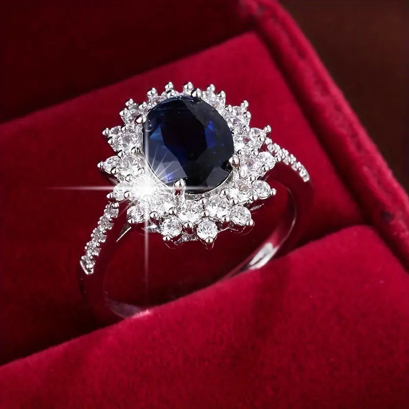 Blue Stone Cocktail Ring with Crystal Halo Setting