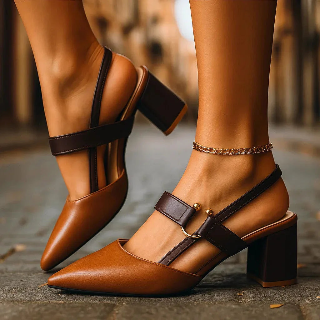 Block Heel Slingback Shoes with Gold Ring Detail
