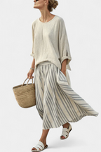 Bamboo Linen Set with Loose Blouse and Striped Midi Skirt