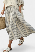 Bamboo Linen Set with Loose Blouse and Striped Midi Skirt