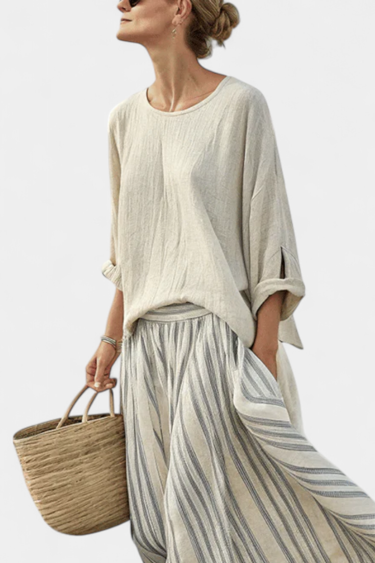 Bamboo Linen Set with Loose Blouse and Striped Midi Skirt