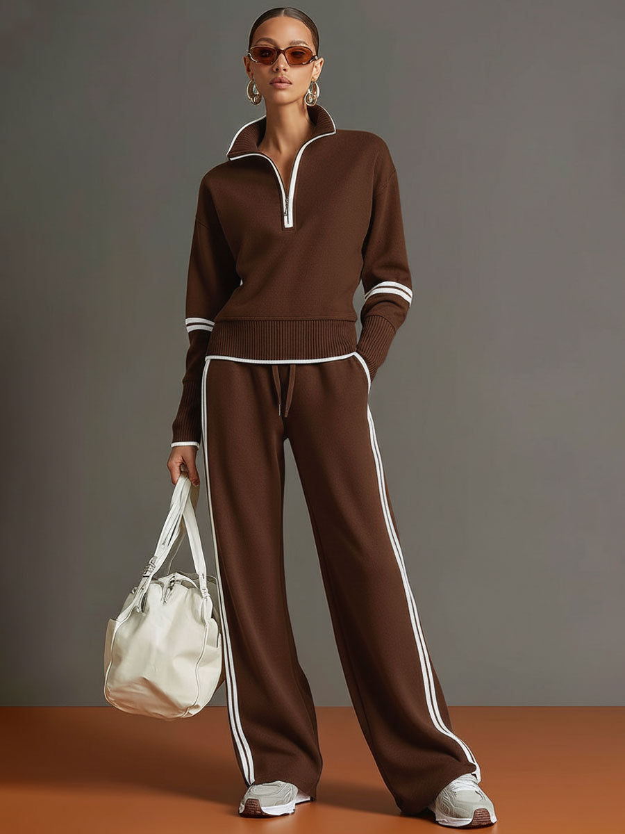 Striped Two Piece Set with Blouse and Wide Leg Trousers