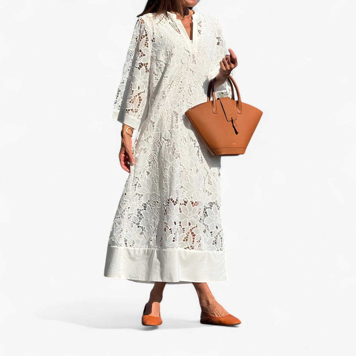 Floral Lace Midi Dress with Sheer Sleeves and Fitted Waist