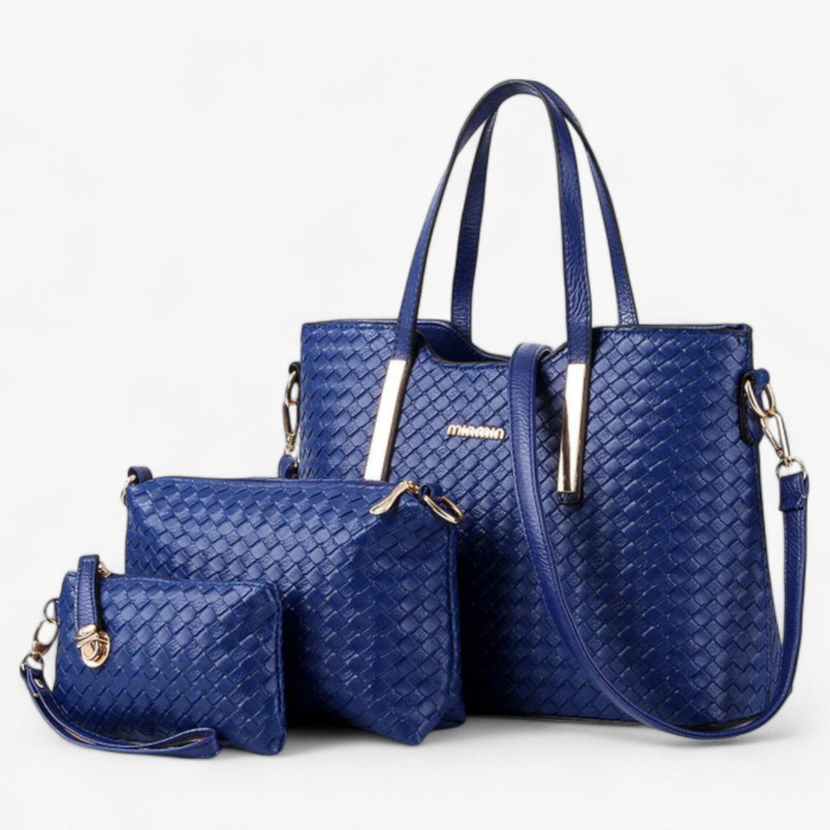 Vegan Leather Handbag with a Woven Texture and Metal Handles