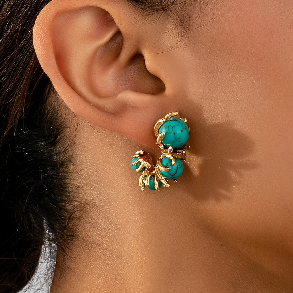 Vintage Blue-Green Beaded Flower Earrings with Boho Feel