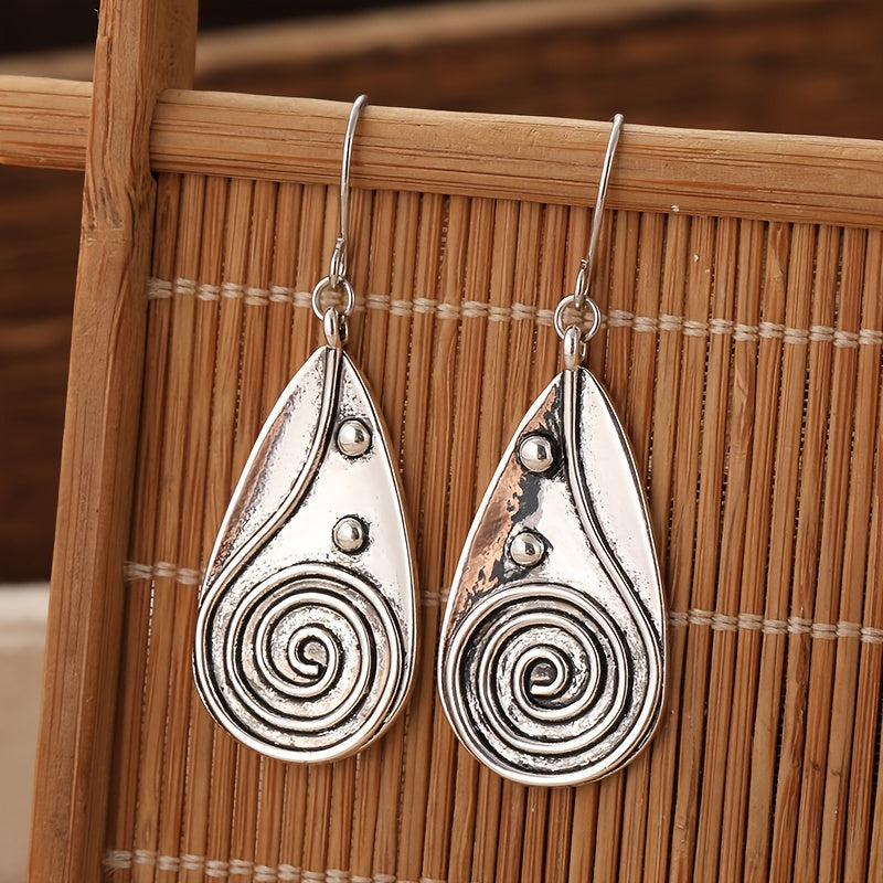Vintage Spiral Teardrop Sun Earrings in Silver Colour