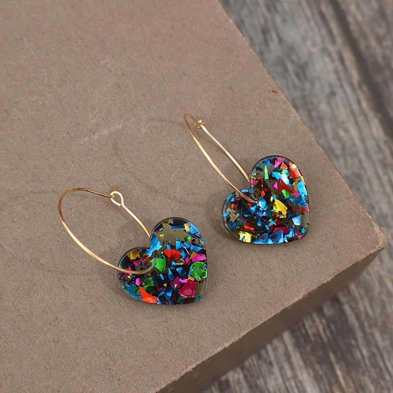 Vintage Resin Glitter Heart Pendant Earrings with Playful Sparkle