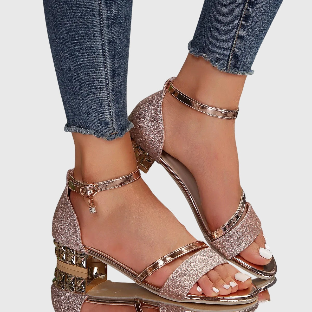 Heeled Sandals with Metallic Finish