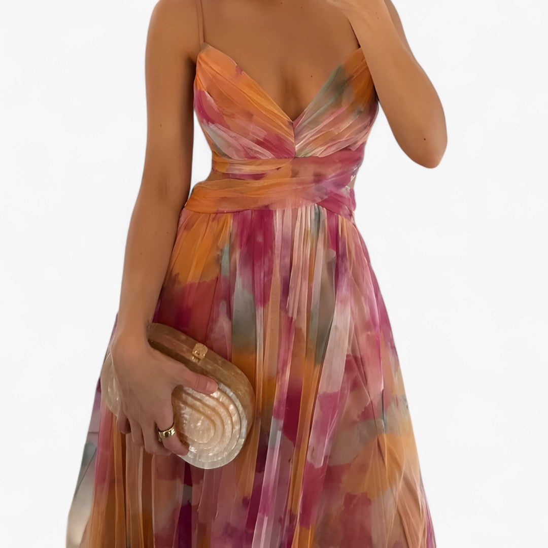 Vestido largo con estampado de acuarela en tejido ligero y fluido