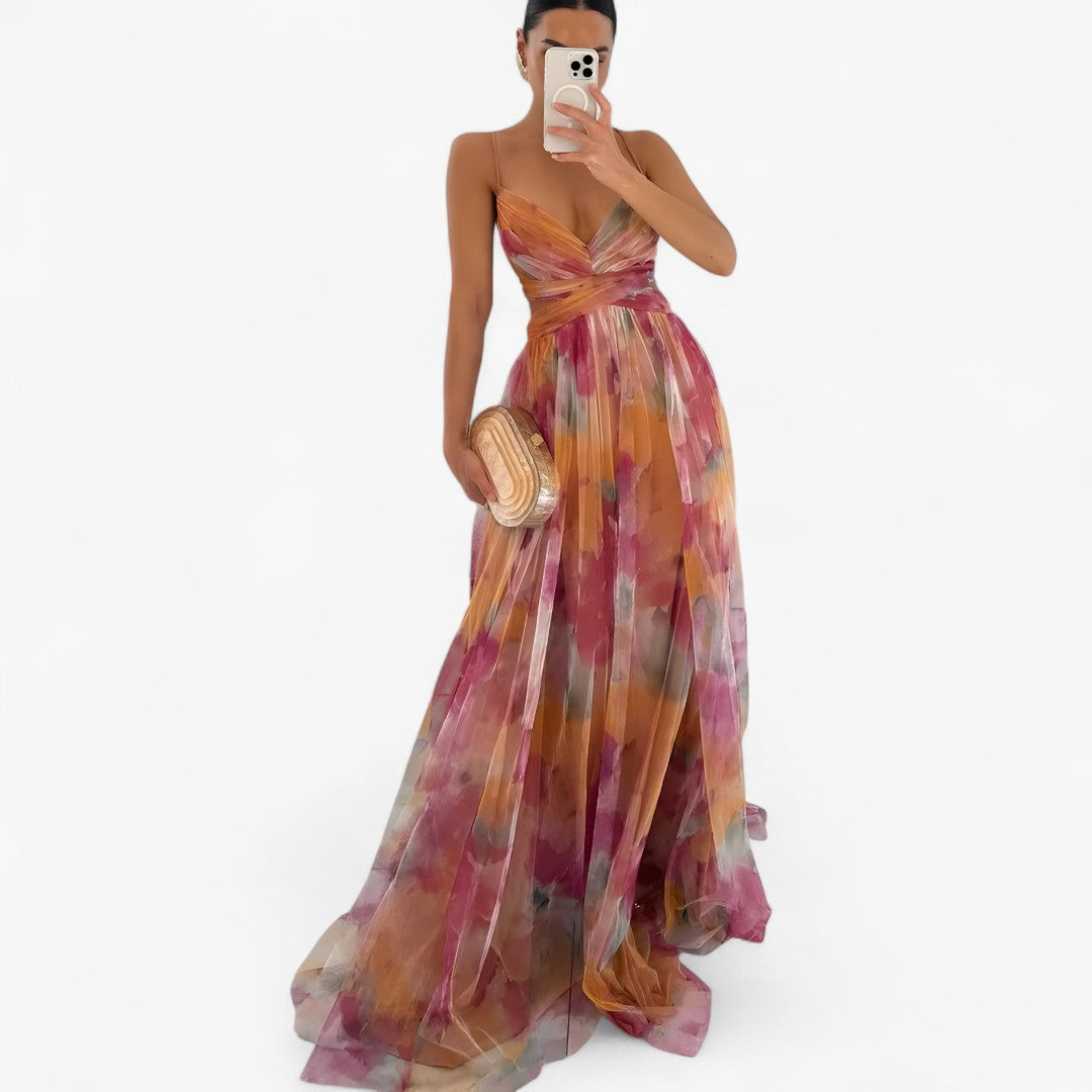 Vestido largo con estampado de acuarela en tejido ligero y fluido