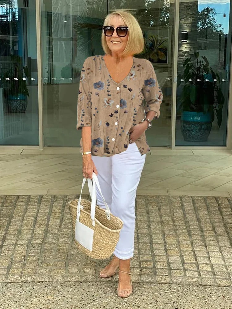Printed Button Tunic with V Neck and Relaxed Cut