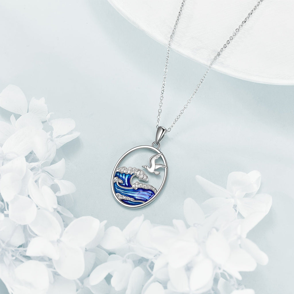 Ocean Wave and Seagull Pendant Necklace in Silver Colour