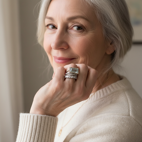 Stackable Blue-Green Glass Ring Set in Silver Colour