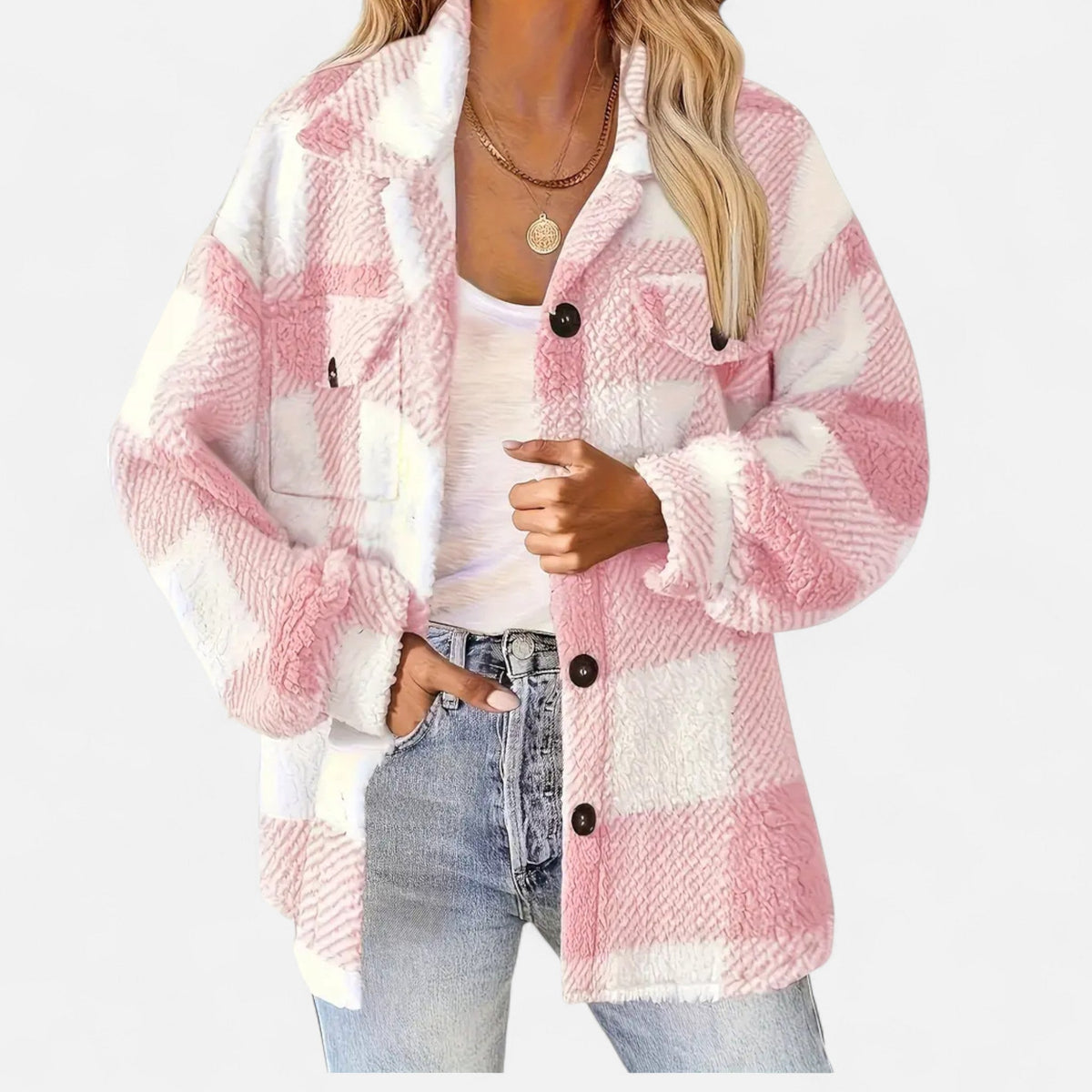 Checked Sherpa Jacket with Button Front and Oversized Fit