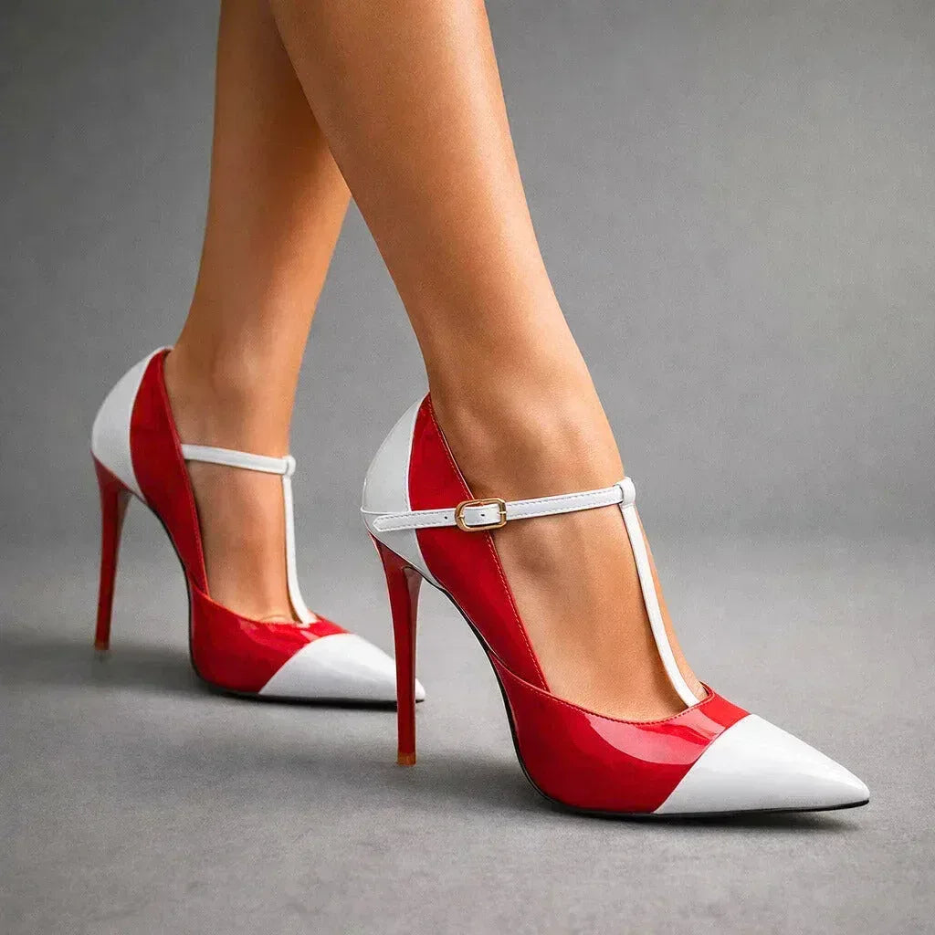 Patent Finish T-Strap Heels with Two Tone Design