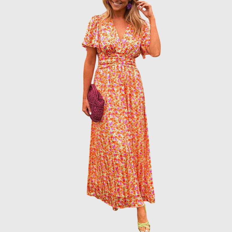 Floral V-Neck Summer Dress with Defined Waist