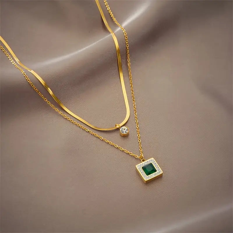 Double-Layer Necklace with Green Square Pendant and Fine Chains