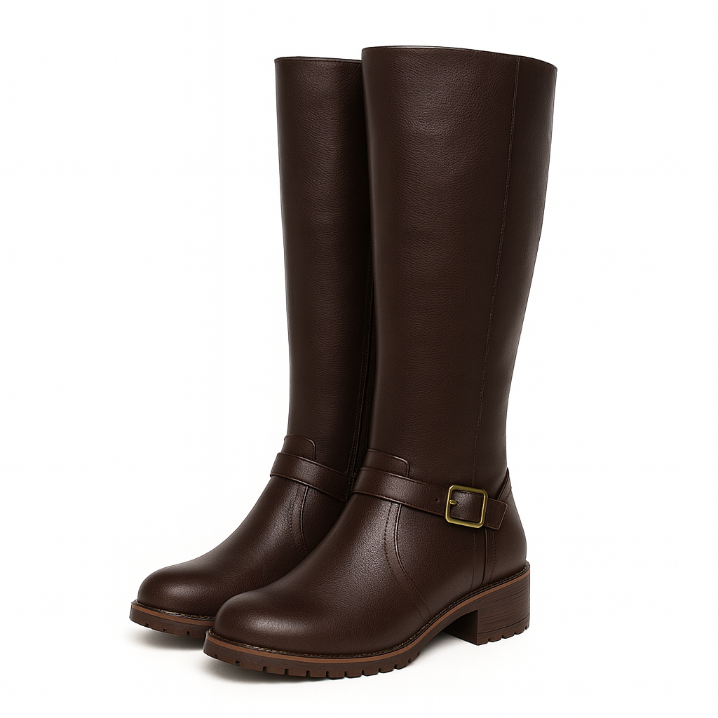 Knähöga boots med spännedetalj och halkfri sula
