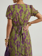 Floral Midi Dress with Wrap Bodice and Short Sleeves