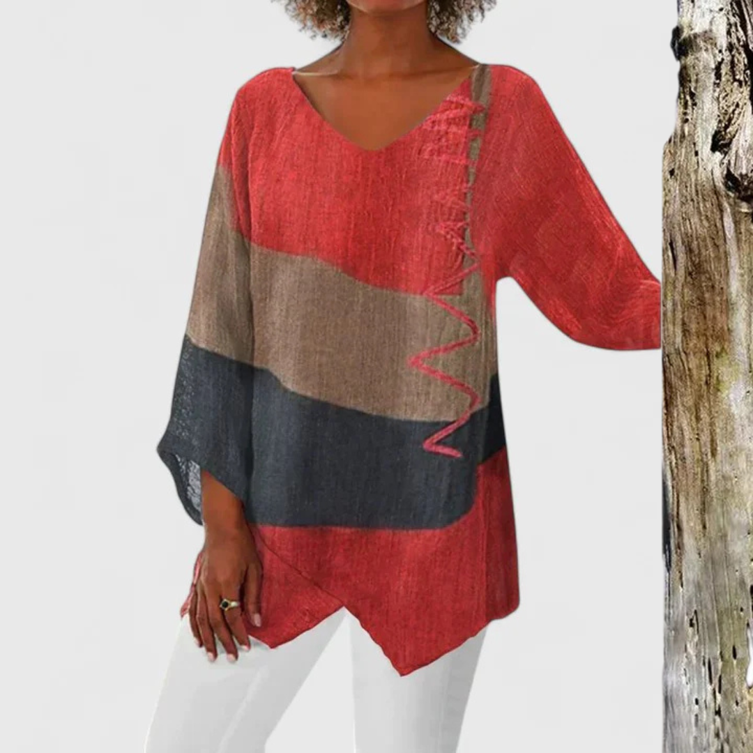 V-Neck Tunic with Brushstroke Print and Asymmetric Hem