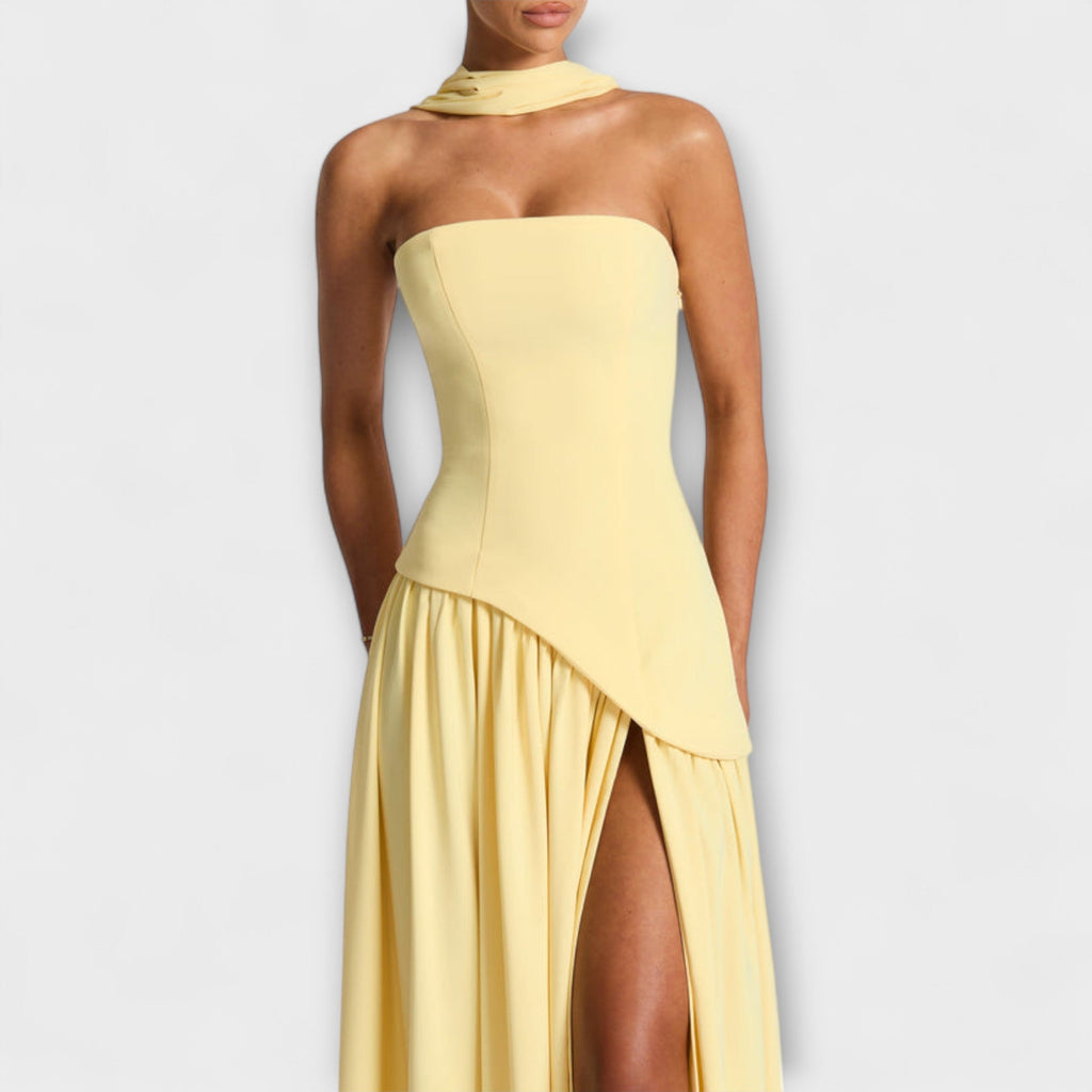 Strapless Maxi Dress with Contrast Bodice and Side Slit