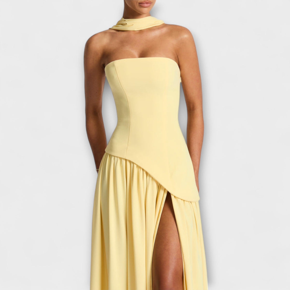 Strapless Maxi Dress with Contrast Bodice and Side Slit