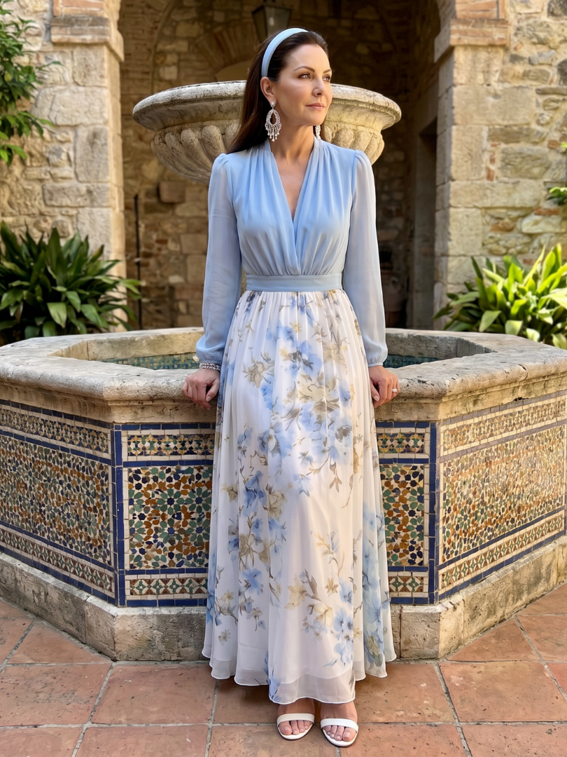 Floral Print Maxi Dress with Sheer Sleeves and V-Neck